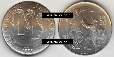 Bildmaterial Münzensatz / KMS 1972 aus San Marino 1972-1972, 20 Lire, 1972, MONASSI REPUBBLICA DI SAN MARINO. Vorderseite und... Sammlung