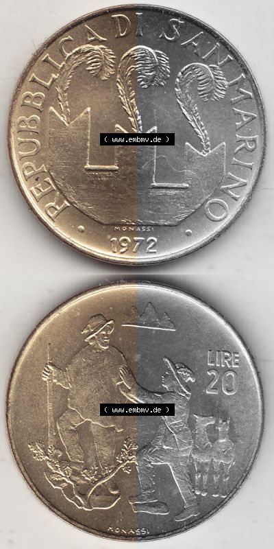 Bildmaterial Münzensatz / KMS 1972 aus San Marino 1972-1972, 20 Lire, 1972, MONASSI REPUBBLICA DI SAN MARINO. Vorderseite und... Sammlung