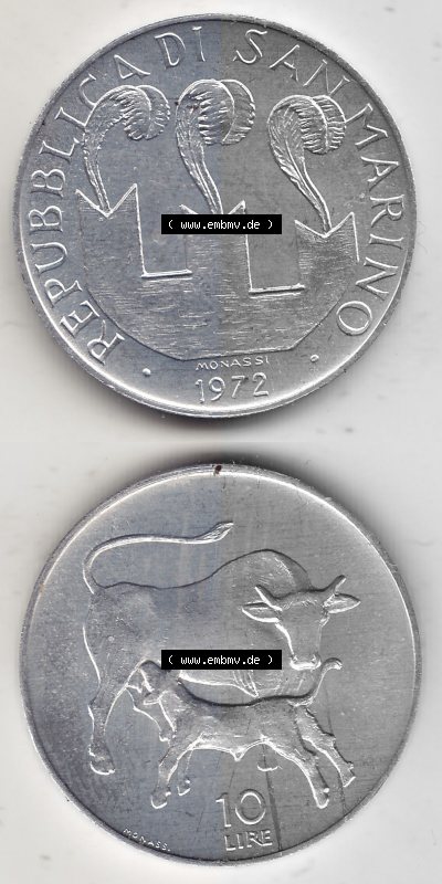 Bildmaterial Münzensatz / KMS 1972 aus San Marino 1972-1972, 10 Lire 1972, MONASSI REPUBBLICA DI SAN MARINO, 10 LIRE. Vorderseite... Sammlung