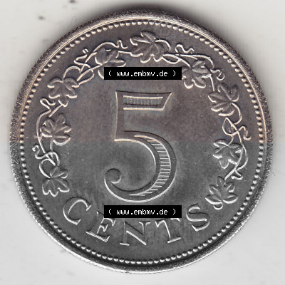 Bildmaterial Münzensatz / KMS 1972 aus Malta 1972-1981, 5 Cent 1972 (Stück 1), MALTA 5 CENTS. Rückseite als Einzelansicht einer... Sammlung