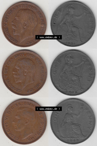 Alte Münzen Großbritannien Umlaufmünze 1921-1948, 1921, 1935, 1948 One Penny, 1 Penny George V. VI. Ein Satz alter Münzen... Sammlung