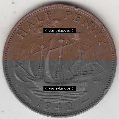 Alte Münzen Großbritannien Umlaufmünze 1937-1948, Half Penny, 1942 (Stück 1), George VI, HALF PENNY HP, Segelschiff. Rückseite... Sammlung