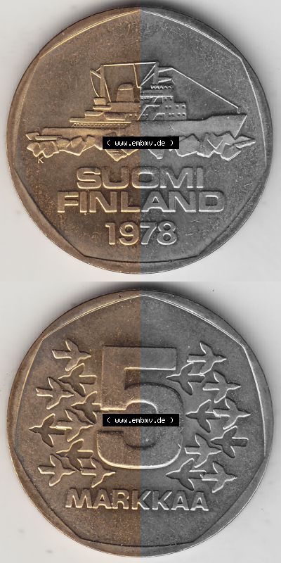 Alte Münzen KMS Finnland, Kursmünzensatz 1978 in Stempelglanz 1972-1978, 5 finnische Mark, Markkaa, 1978 (Stück 1). Digitales... Sammlung