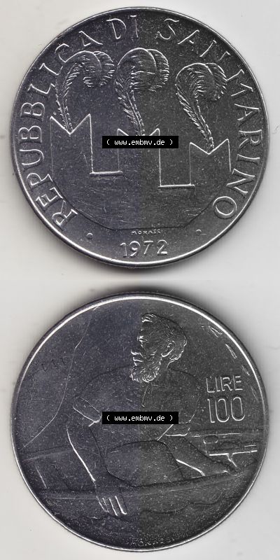 Bildmaterial Münzensatz / KMS 1972 aus San Marino 1972-1972, 100 Lire von 1972, 100 LIRE MONASSI REPUBBLICA DI SAN MARINO. Vorderseite... Sammlung