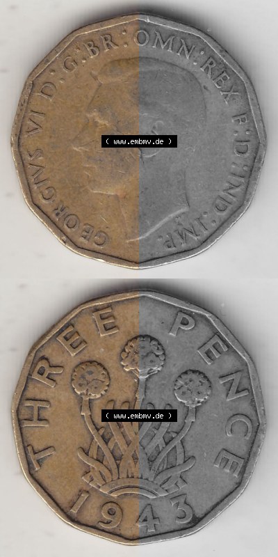 Alte Münzen Großbritannien Umlaufmünze 1937-1948, 3 Pence, Three Pence 1943 (Stück 3), George VI, GEORGIVS VI D G BR OMN REX... Sammlung