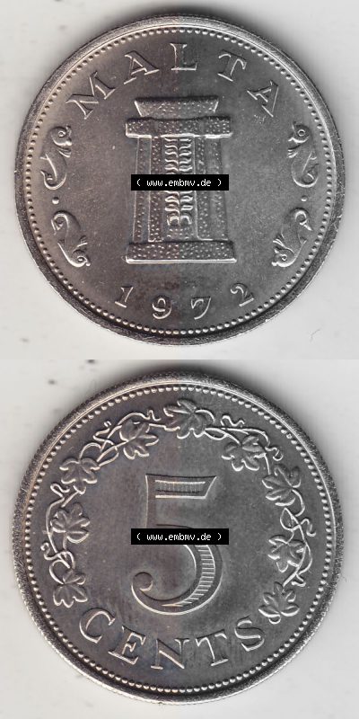 Bildmaterial Münzensatz / KMS 1972 aus Malta 1972-1981, 5 Cent 1972 (Stück 1), MALTA 5 CENTS. Vorderseite und Rückseite als... Sammlung