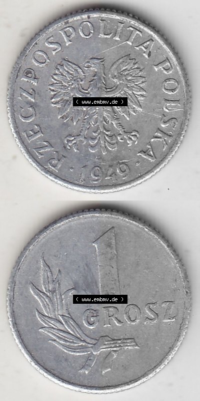 1949-1949, Republik Polen 1 Grosz, Groschen, Aluminium 1949 Sammlung