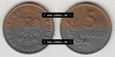 1949-1949, Republik Polen 5 Groszy, Groschen, Bronze 1949 Sammlung
