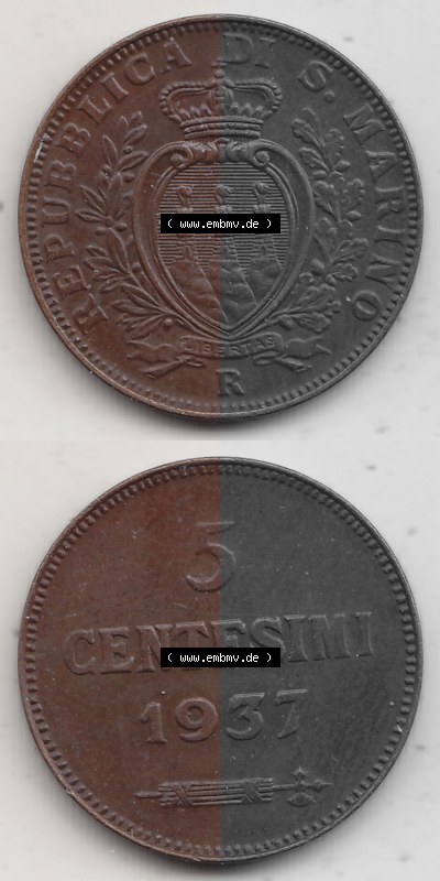 Bildmaterial Münzen aus San Marino vor 1950, 1935-1938, 5 Centesimi, Cent-Wert 1937 (Stück 1), LIBERTAS REPUBBLICA DI S. MARINO,... Sammlung
