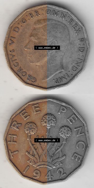 Alte Münzen Großbritannien Umlaufmünze 1937-1948, 3 Pence, Three Pence 1942 (Stück 1), George VI, GEORGIVS VI D G BR OMN REX... Sammlung