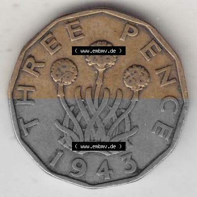 Alte Münzen Großbritannien Umlaufmünze 1937-1948, 3 Pence, Three Pence 1943 (Stück 3), George VI, GEORGIVS VI D G BR OMN REX... Sammlung