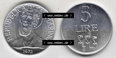 Bildmaterial Münzensatz / KMS 1972 aus San Marino 1972-1972, 5 Lire, 1972, LIRE MONASSI REPUBBLICA DI SAN MARINO. Vorderseite... Sammlung