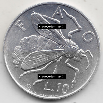 Bildmaterial Münzensatz / KMS 1974 aus San Marino 1974-1974, 10 Lire, L.10 MINGUZZI MONASSI INC.. Rückseite als Einzelansicht... Sammlung