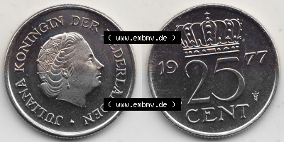 Alte Münzen KMS Niederlande, Kursmünzensatz 1977, 1950-1980, 25 Cent, 1977 (Stück 1) JULIANA KONINGIN DER NEDERLANDEN. Digitales... Sammlung