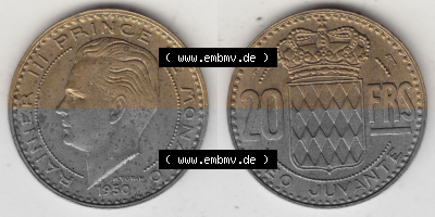 Alte Münzen Monaco Umlaufmünze Vollansicht 1950-1951, 20 Franken - FRS, Francs, 1950 (Stück 1), P. TURIN RAINIER III PRINCE... Sammlung