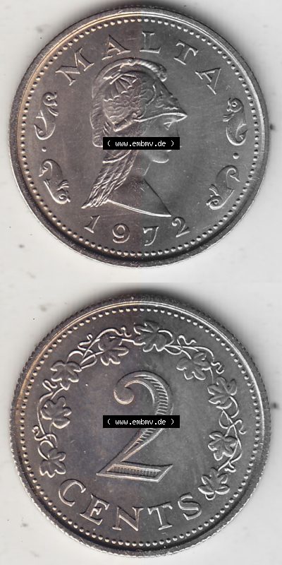 Bildmaterial Münzensatz / KMS 1972 aus Malta 1972-1982, 2 Cent 1972 (Stück 1), MALTA 2 CENTS. Vorderseite und Rückseite als... Sammlung