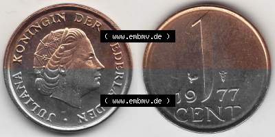 Alte Münzen KMS Niederlande, Kursmünzensatz 1977, 1950-1980, 1 Cent, 1977 (Stück 1), JULIANA KONINGIN DER NEDERLANDEN. Digitales... Sammlung
