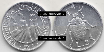 Bildmaterial Münzensatz / KMS 1974 aus San Marino 1974-1974, 2 Lire, L.2 MINGUZZI MONASSI INC.. Vorderseite und Rückseite als... Sammlung