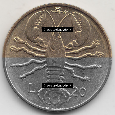 Bildmaterial Münzensatz / KMS 1974 aus San Marino 1974-1974, 20 Lire, L.20 MINGUZZI MONASSI INC.. Rückseite als Einzelansicht... Sammlung