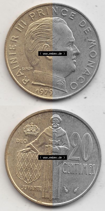 Alte Münzen Monaco Umlaufmünze Vollansicht 1962-1995, 20 Centimes, Cent 1979 (Stück 1), RAINIER III PRINCE DE MONACO SIMON,... Sammlung