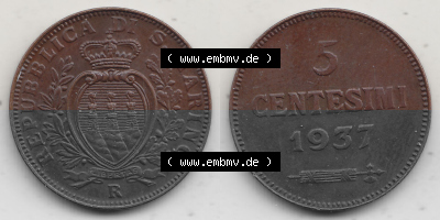 Bildmaterial Münzen aus San Marino vor 1950, 1935-1938, 5 Centesimi, Cent-Wert 1937 (Stück 1), LIBERTAS REPUBBLICA DI S. MARINO,... Sammlung