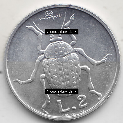 Bildmaterial Münzensatz / KMS 1974 aus San Marino 1974-1974, 2 Lire, L.2 MINGUZZI MONASSI INC.. Rückseite als Einzelansicht... Sammlung