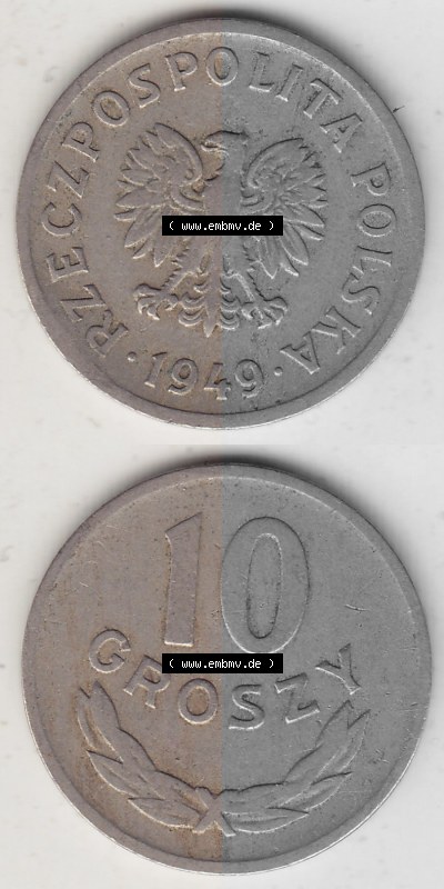 1949-1949, Republik Polen 10 Groszy, Groschen, Kupfer 1949 Sammlung