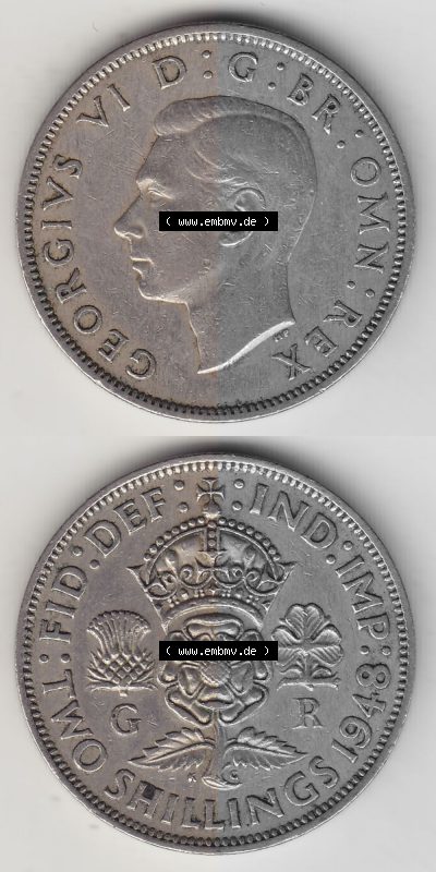 Alte Münzen Großbritannien Umlaufmünze 1947-1948, 2 Schilling-Florin, Two Shillings, 1948 (Stück 4), George VI, GEORGIVS VI... Sammlung