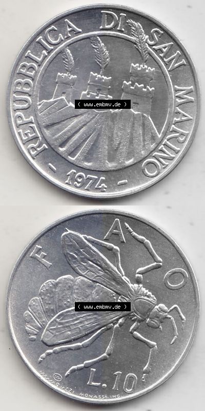 Bildmaterial Münzensatz / KMS 1974 aus San Marino 1974-1974, 10 Lire, L.10 MINGUZZI MONASSI INC.. Vorderseite und Rückseite... Sammlung