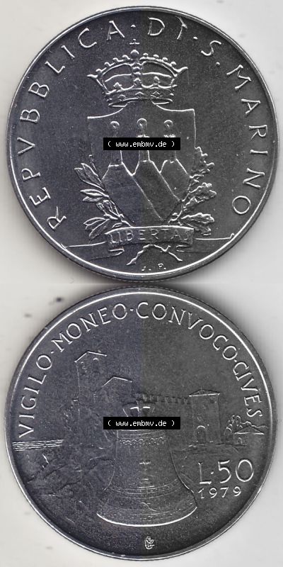 Bildmaterial Münzensatz / KMS 1979 aus San Marino 1979-1979, 50 Lire, J.P. LIBERTAS REPVBBLICA DI S. MARINO, L.50 VIGILO MONEO... Sammlung