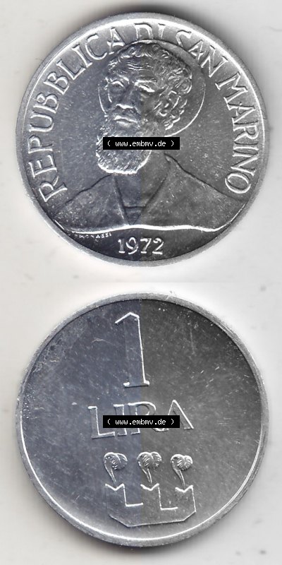 Bildmaterial Münzensatz / KMS 1972 aus San Marino 1972-1972, 1 Lira, Lire 1972, 1 LIRA MONASSI REPUBBLICA DI SAN MARINO. Vorderseite... Sammlung
