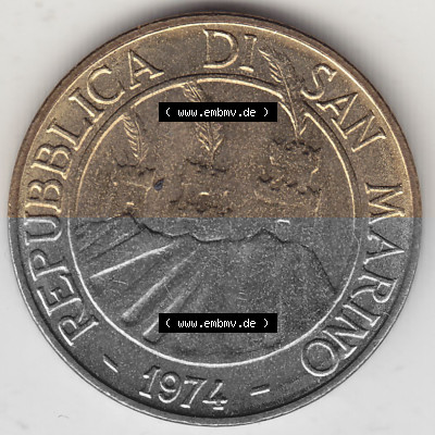 Bildmaterial Münzensatz / KMS 1974 aus San Marino 1974-1974, 20 Lire, L.20 MINGUZZI MONASSI INC.. Vorderseite einer Umlaufmünze... Sammlung