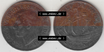Alte Münzen Großbritannien Umlaufmünze 1949-1952, Half Penny, 1950 (Stück 1), George VI, HALF PENNY HP, Segelschiff. Vorderseite... Sammlung