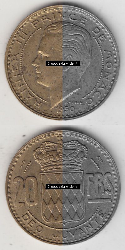 Alte Münzen Monaco Umlaufmünze Vollansicht 1950-1951, 20 Franken - FRS, Francs, 1950 (Stück 1), P. TURIN RAINIER III PRINCE... Sammlung