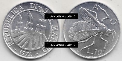 Bildmaterial Münzensatz / KMS 1974 aus San Marino 1974-1974, 10 Lire, L.10 MINGUZZI MONASSI INC.. Vorderseite und Rückseite... Sammlung