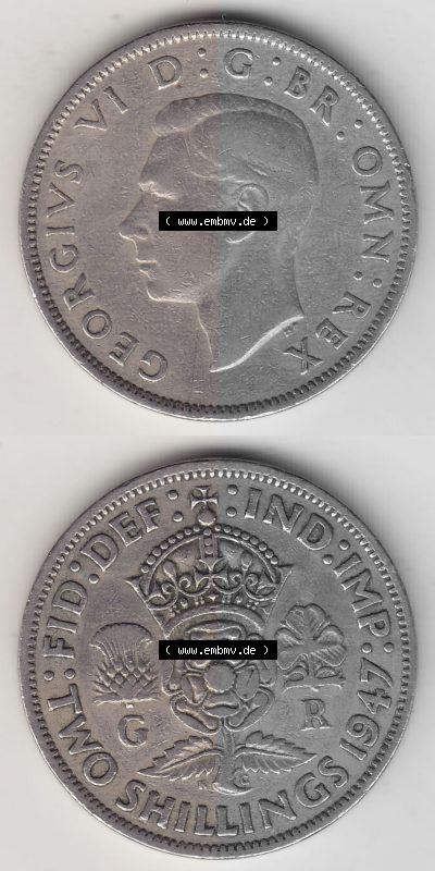 Alte Münzen Großbritannien Umlaufmünze 1947-1948, 2 Schilling-Florin, Two Shillings, 1947 (Stück 3), George VI, GEORGIVS VI... Sammlung