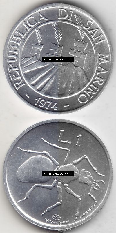 Bildmaterial Münzensatz / KMS 1974 aus San Marino 1974-1974, 1 Lire, 1 Lira, L.1 MINGUZZI MONASSI INC.. Vorderseite und Rückseite... Sammlung