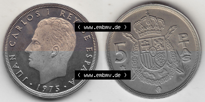 Alte Münzen KMS Spanien Madrid, Kursmünzensatz 1975, in Stempelglanz 1975-1979, 5 Peseten 1976 (Stück 1), JUAN CARLOS I REY... Sammlung