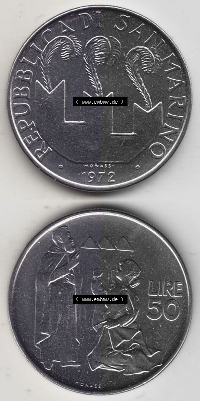 Bildmaterial Münzensatz / KMS 1972 aus San Marino 1972-1972, 50 Lire, 1972, MONASSI REPUBBLICA DI SAN MARINO 50 LIRE. Vorderseite... Sammlung