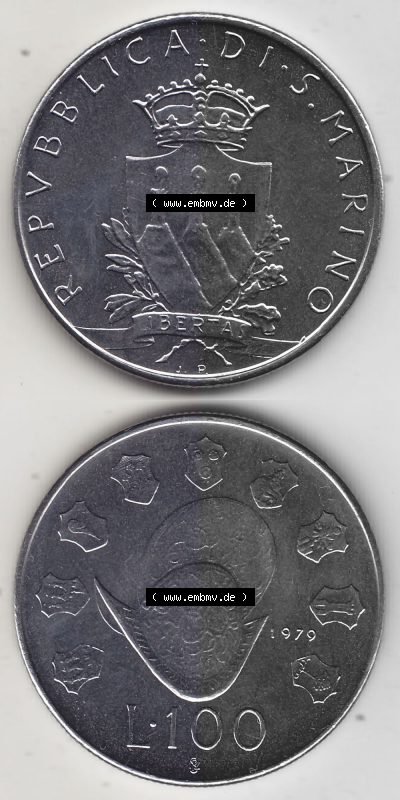 Bildmaterial Münzensatz / KMS 1979 aus San Marino 1979-1979, 100 Lire, J.P. LIBERTAS REPVBBLICA DI S. MARINO L.100. Vorderseite... Sammlung