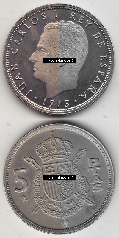 Alte Münzen KMS Spanien Madrid, Kursmünzensatz 1975, in Stempelglanz 1975-1979, 5 Peseten 1976 (Stück 1), JUAN CARLOS I REY... Sammlung
