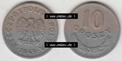 1949-1949, Republik Polen 10 Groszy, Groschen, Kupfer 1949 Sammlung