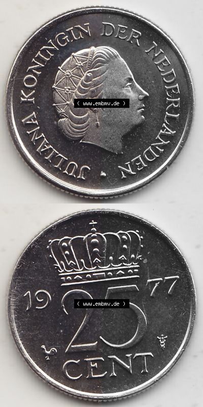 Alte Münzen KMS Niederlande, Kursmünzensatz 1977, 1950-1980, 25 Cent, 1977 (Stück 1) JULIANA KONINGIN DER NEDERLANDEN. Digitales... Sammlung