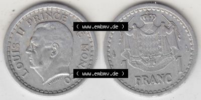 Alte Münzen Monaco Umlaufmünze Vollansicht 1943-1943, 1 Franken 1943 (Stück 1) Aluminium, L. MAUBERT LOUIS II PRINCE DE MONACO,... Sammlung