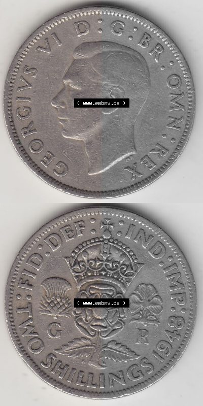 Alte Münzen Großbritannien Umlaufmünze 1947-1948, 2 Schilling-Florin, Two Shillings, 1948 (Stück 8), George VI, GEORGIVS VI... Sammlung