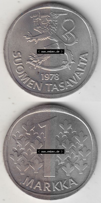 Alte Münzen KMS Finnland, Kursmünzensatz 1978 in Stempelglanz 1969-1993, 1 finnische Mark, Markka 1978 (Stück 1). Digitales... Sammlung