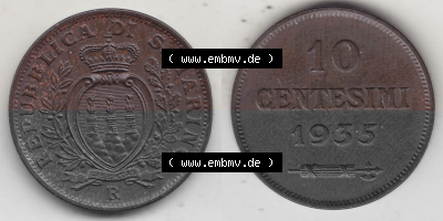 Bildmaterial Münzen aus San Marino vor 1950, 1935-1938, 10 Centesimi, (Cent-Wert), 1935 (Stück 1), LIBERTAS REPUBBLICA DI S.... Sammlung