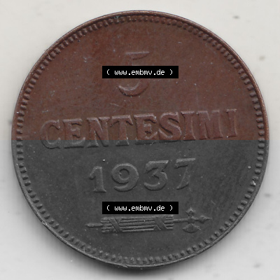 Bildmaterial Münzen aus San Marino vor 1950, 1935-1938, 5 Centesimi, Cent-Wert 1937 (Stück 1), LIBERTAS REPUBBLICA DI S. MARINO,... Sammlung