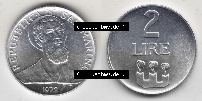 Bildmaterial Münzensatz / KMS 1972 aus San Marino 1972-1972, 2 Lire 1972, 2 LIRE MONASSI REPUBBLICA DI SAN MARINO. Vorderseite... Sammlung