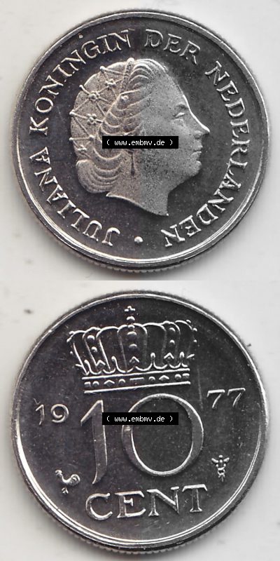 Alte Münzen KMS Niederlande, Kursmünzensatz 1977, 1950-1980, 10 Cent, 1977 (Stück 1) JULIANA KONINGIN DER NEDERLANDEN. Digitales... Sammlung